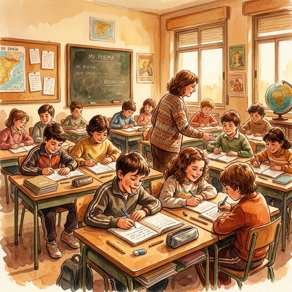 Los alumnos escribiendo poemas con entusiasmo